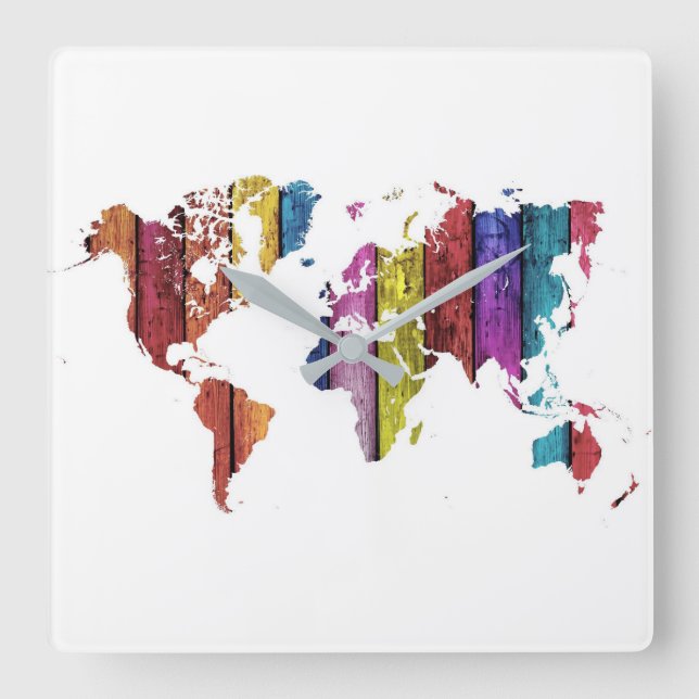 Reloj Cuadrado Colourful World Map Wall Clock (Anverso)