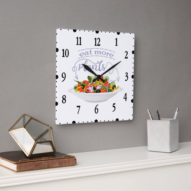 Reloj Cuadrado Coma más plantas con letras de motivación de ensal (Oficina)