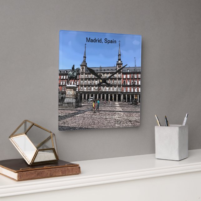 Reloj Cuadrado Cómic Art de una plaza en Madrid, España (Oficina)