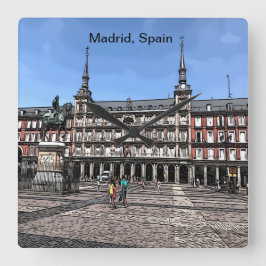 Reloj Cuadrado Cómic Art de una plaza en Madrid, España