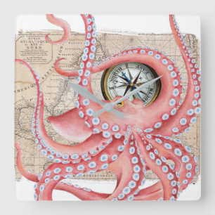 Reloj Cuadrado Compás rojo del mapa del vintage del pulpo