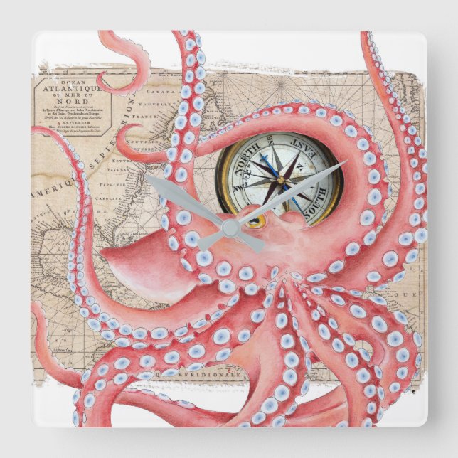 Reloj Cuadrado Compass de mapa de cosecha de pulpo rojo (Anverso)