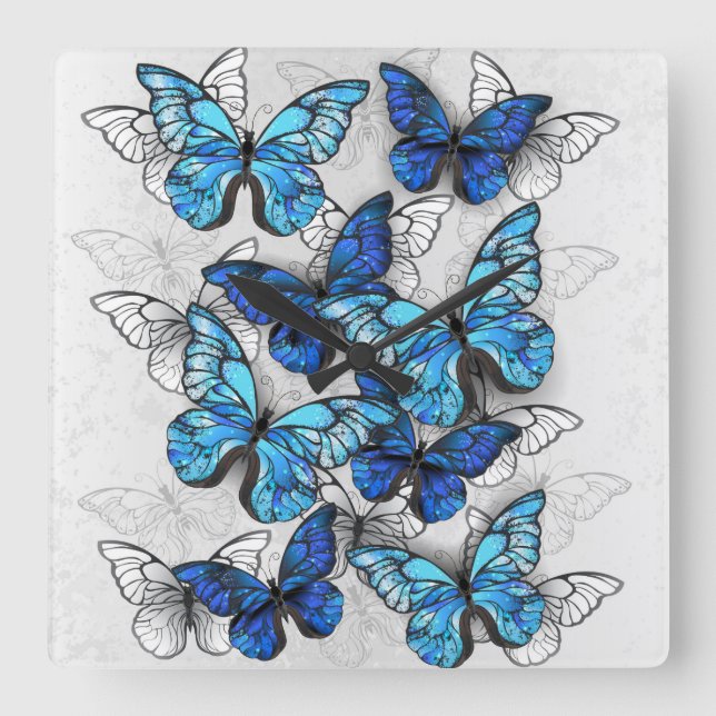 Reloj Cuadrado Composición de las mariposas blancas y azules (Anverso)