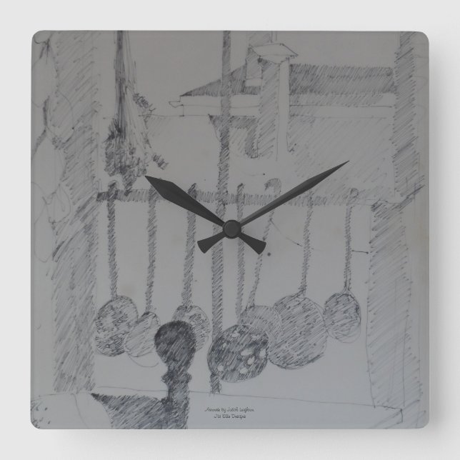 Reloj cuadrado con escaleras y utensilios de cocin (Anverso)