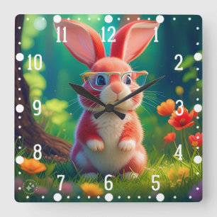 Reloj Cuadrado Conejito rosado en verde Grass-47567