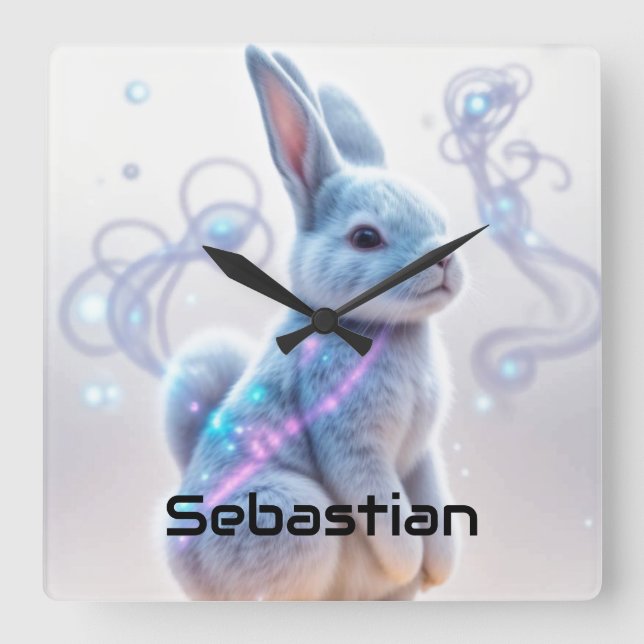 Reloj Cuadrado Conejo azul galaxia para niños (Anverso)