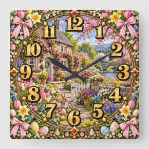 Reloj Cuadrado Conejo de jardín de cottage de Pascua