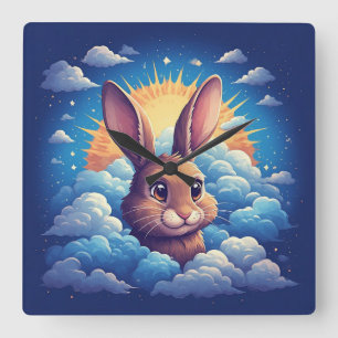 Reloj Cuadrado Conejo de Pascua Caprichoso Rodeado de Nubes