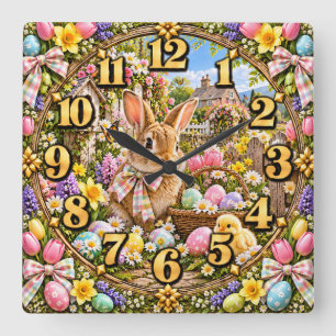 Reloj Cuadrado Conejo de Pascua y jardín de primavera de pollito