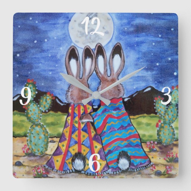 Reloj Cuadrado Conejo Romántico Moon Southwest Clock Jackrabbit (Anverso)
