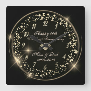 Reloj Cuadrado Confetti brillante de oro, 50 años Boda negro