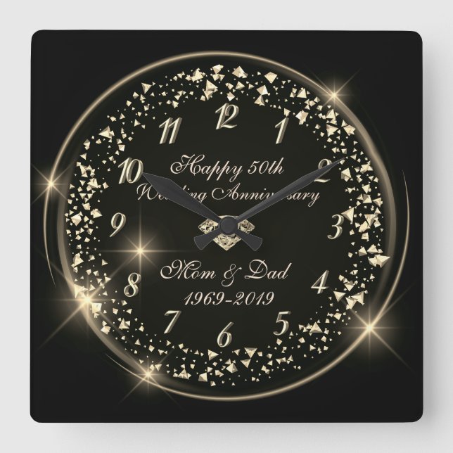 Reloj Cuadrado Confetti brillante de oro, 50 años Boda negro (Anverso)