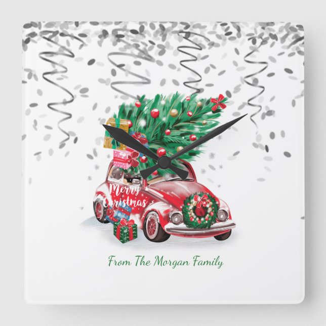 Reloj Cuadrado Confetti plateado, Nieve de árbol de pino de coche (Anverso)