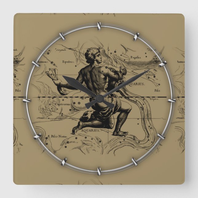 Reloj Cuadrado Constelación del acuario del vintage por Hevelius (Anverso)