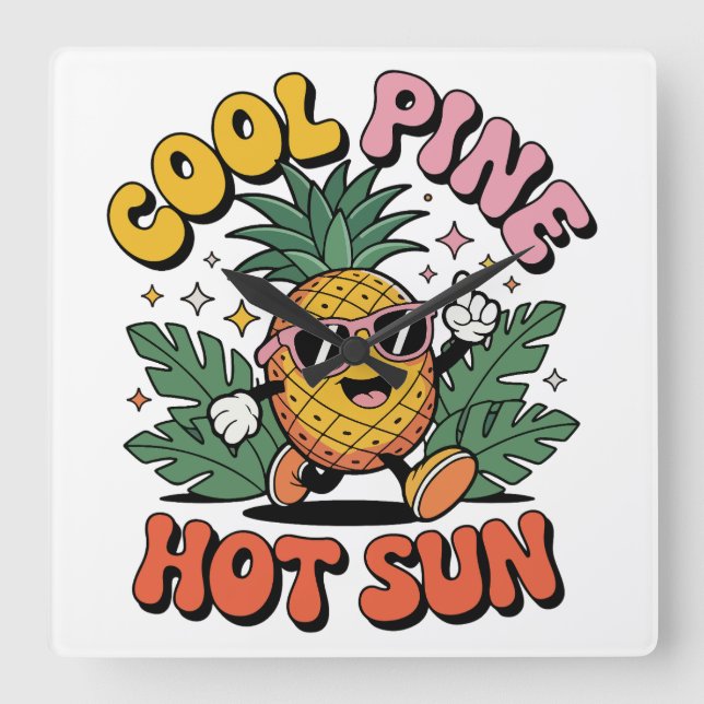 Reloj Cuadrado Cool Pine Hot Sun Retro Pineapple Summer Vibes (Anverso)