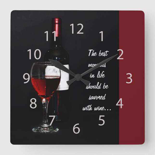 Reloj Cuadrado copa de vino y botella rojas (Anverso)
