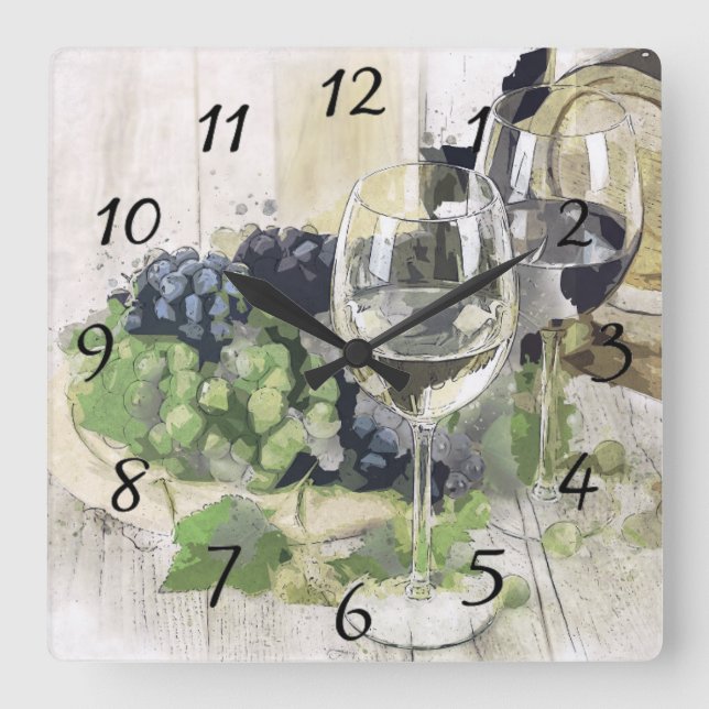 Reloj Cuadrado Copas de vino elegantes, uvas moradas y verdes (Anverso)