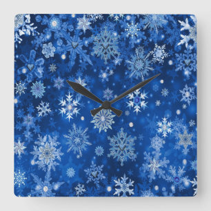 Reloj Cuadrado Copo de Nieve de Navidad Azul y Plateado