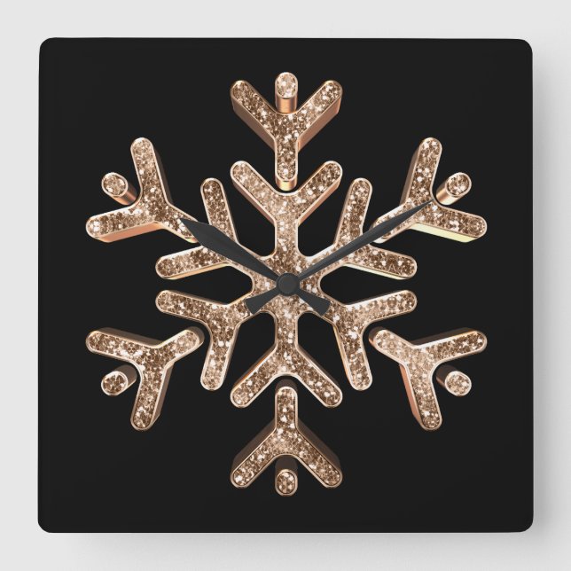 Reloj Cuadrado Copo de nieve elegante negro y oro (Anverso)