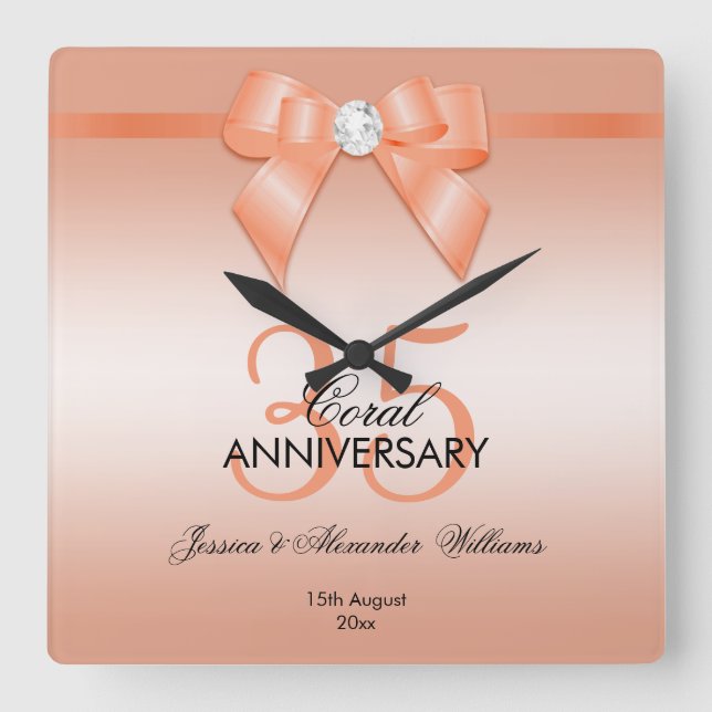 Reloj Cuadrado Coral Bow & Ribbon 35° Aniversario Boda (Anverso)