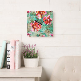 Reloj Cuadrado Coral Floral Turquesa - Almohada Vintage Boho