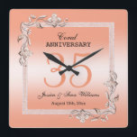 Reloj Cuadrado Coral Gem y Purpurina 35° Aniversario Boda<br><div class="desc">Reloj de pared elegante y elegante Coral 35º Boda Aniversario con decoración elegante de joyas de piedra de coral y marco de borde purpurina a juego impreso en un fondo de color bonito. Un diseño romántico para tu celebración. Todo el texto, el tipo de letra y el color de la...</div>