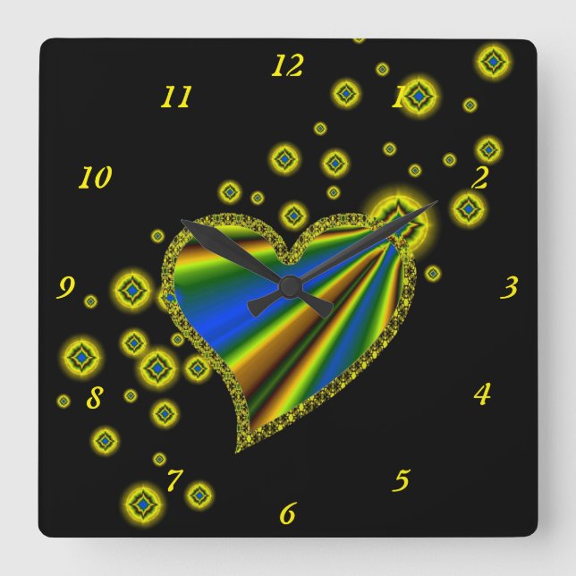Reloj Cuadrado Corazón arcoiris con estrellas (Anverso)