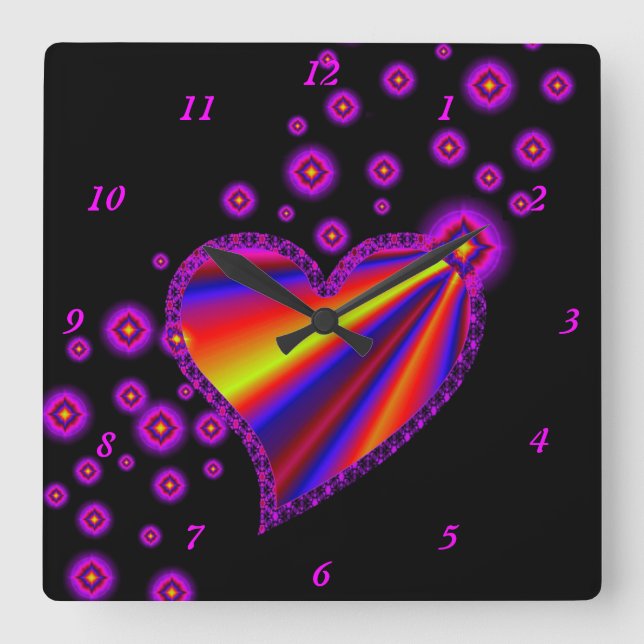 Reloj Cuadrado Corazón arcoiris con estrellas (Anverso)