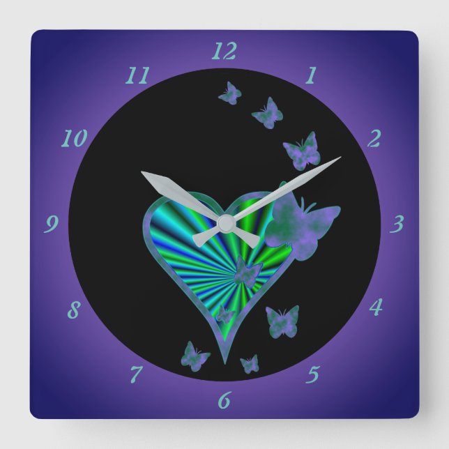 Reloj Cuadrado Corazón arcoiris y mariposa (Anverso)