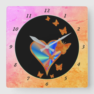 Reloj Cuadrado Corazón arcoiris y mariposa