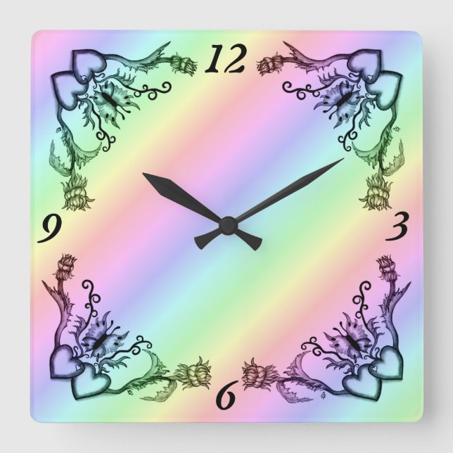 Reloj Cuadrado Corazón con flor y mariposa (Anverso)