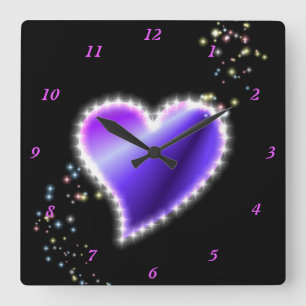 Reloj Cuadrado Corazón de arcoiris morado con estrellas