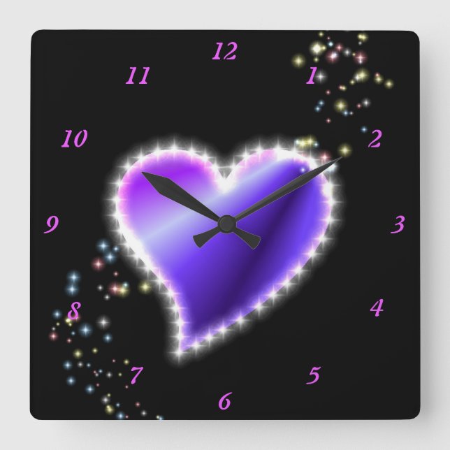 Reloj Cuadrado Corazón de arcoiris morado con estrellas (Anverso)