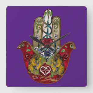 Reloj Cuadrado Corazón de Granada Rojo de Pájaro Hamsa Rubí