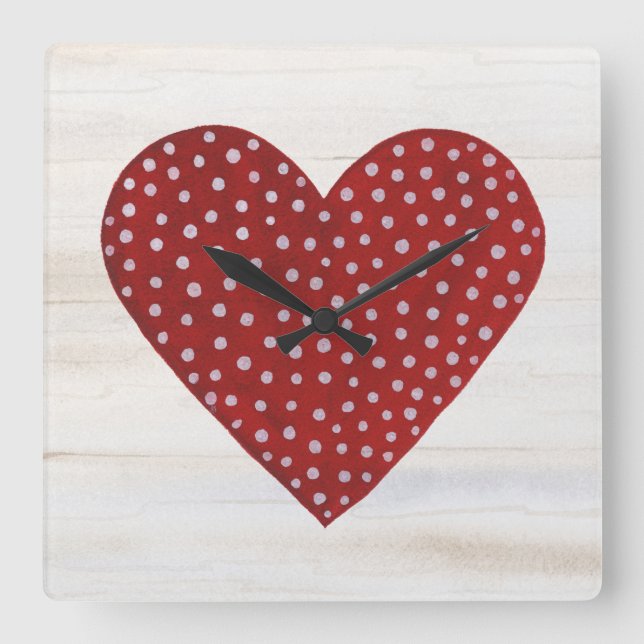 Reloj Cuadrado Corazón de San Valentín de Polka Rústico (Anverso)