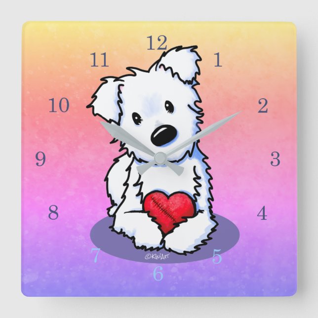 Reloj Cuadrado Corazón mentido de KiniArt Westie (Anverso)