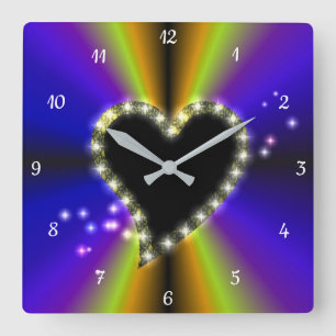 Reloj Cuadrado Corazón negro con estrellas en arcoiris amarillo p
