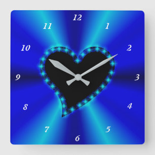 Reloj Cuadrado Corazón negro con estrellas en arcoiris azul