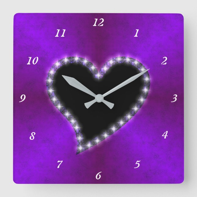 Reloj Cuadrado Corazón negro con estrellas en arcoiris rosado mor (Anverso)