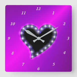 Reloj Cuadrado Corazón negro con estrellas en arcoiris rosado mor