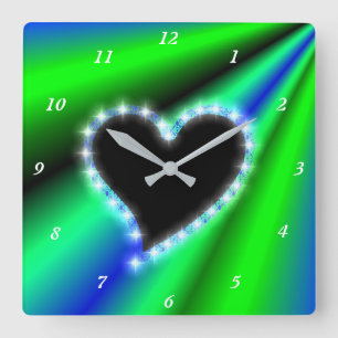 Reloj Cuadrado Corazón negro con estrellas en arcoiris verde azul