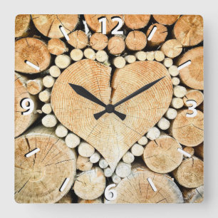 Reloj Cuadrado Corazón rústico, de madera, país