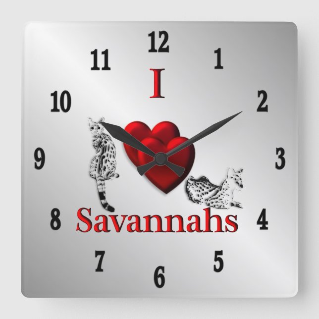 Reloj Cuadrado Corazón Savannah Cat Silver Números negros (Anverso)