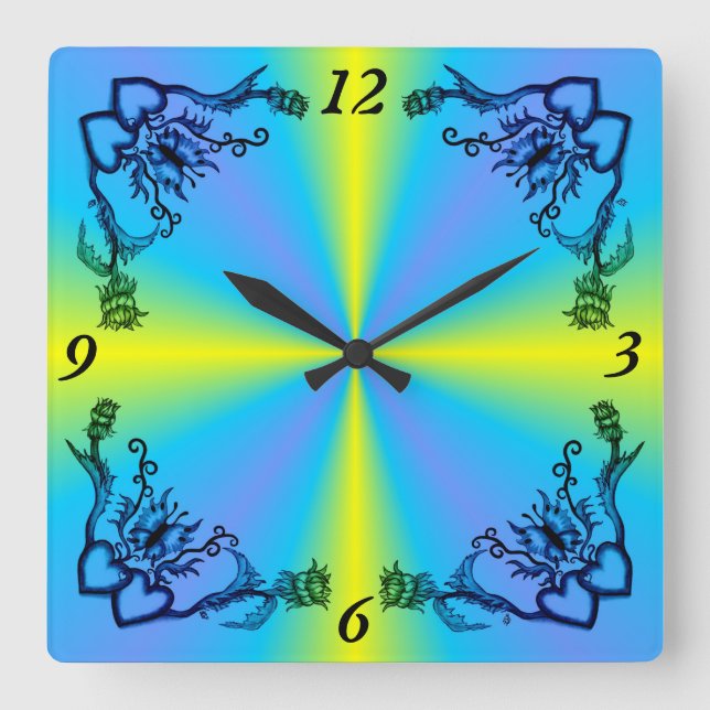 Reloj Cuadrado Corazones con flores y mariposa en estilo tatuaje (Anverso)