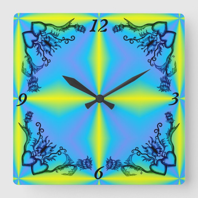 Reloj Cuadrado Corazones con flores y mariposa en estilo tatuaje (Anverso)