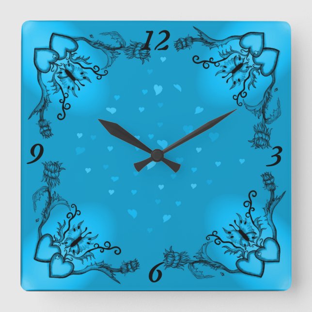 Reloj Cuadrado Corazones con flores y mariposa en estilo tatuaje (Anverso)