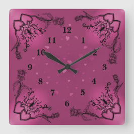 Reloj Cuadrado Corazones con flores y mariposa en estilo tatuaje