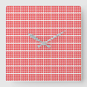 Reloj Cuadrado Corazones de amor patrón de cuadrícula rojo a trav