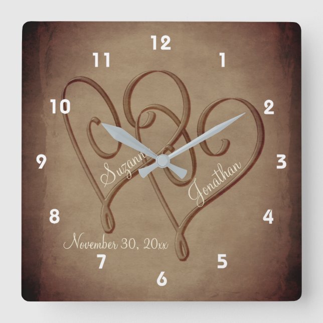Reloj Cuadrado Corazones Enfrentados En El Boda Personalizado De  (Anverso)