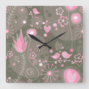 Reloj Cuadrado Corazones, pájaros y flores de rosa y gris singula